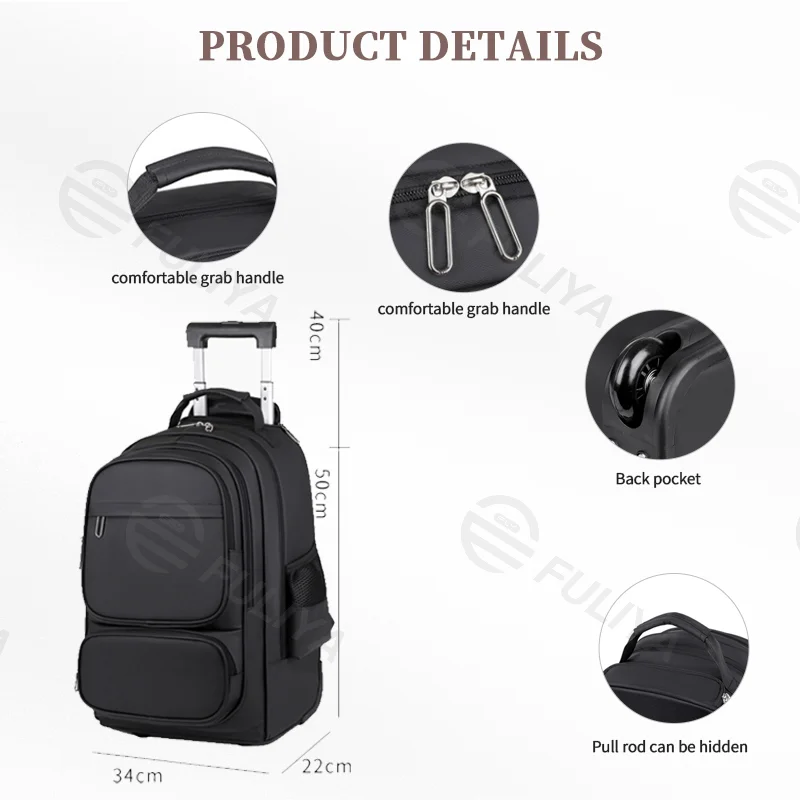 Guangzhou Fuliya Industry Co.,Ltd C-81023 Waterproof trolley backpack, large capacity, fits 15.6" laptop, hidden pull rod, hidden shoulder straps, comfortable handle, and anti-theft back pocket - trolley or backpack carry for business, travel, and school.