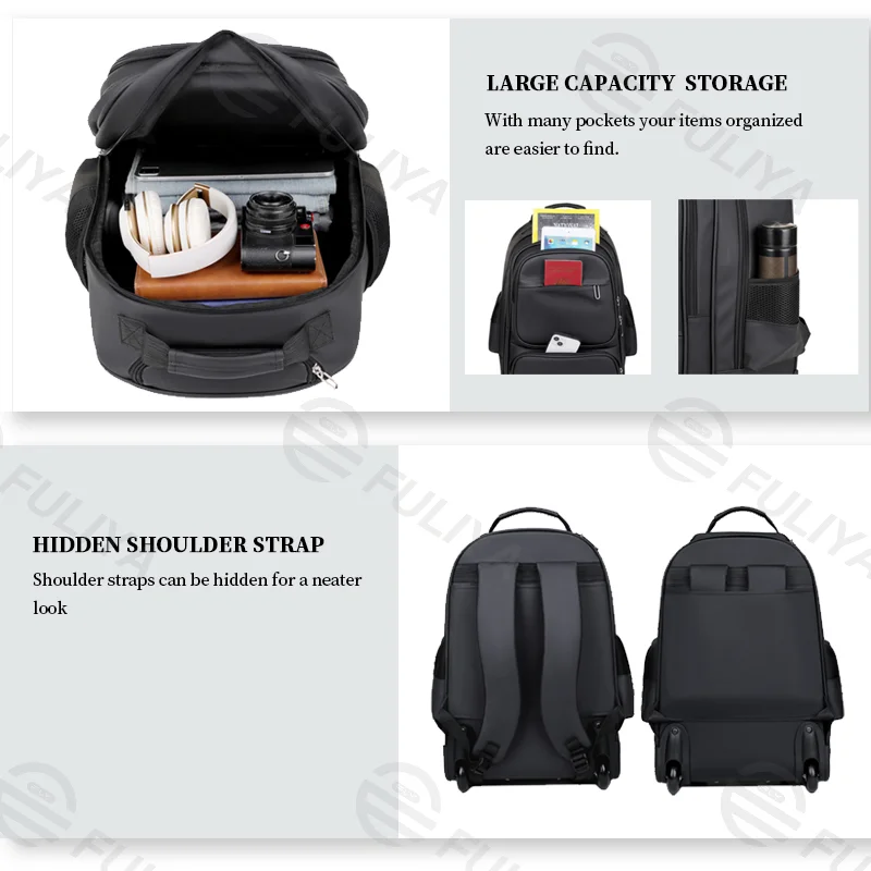 Guangzhou Fuliya Industry Co.,Ltd C-81023 Waterproof trolley backpack, large capacity, fits 15.6" laptop, hidden pull rod, hidden shoulder straps, comfortable handle, and anti-theft back pocket - trolley or backpack carry for business, travel, and school.