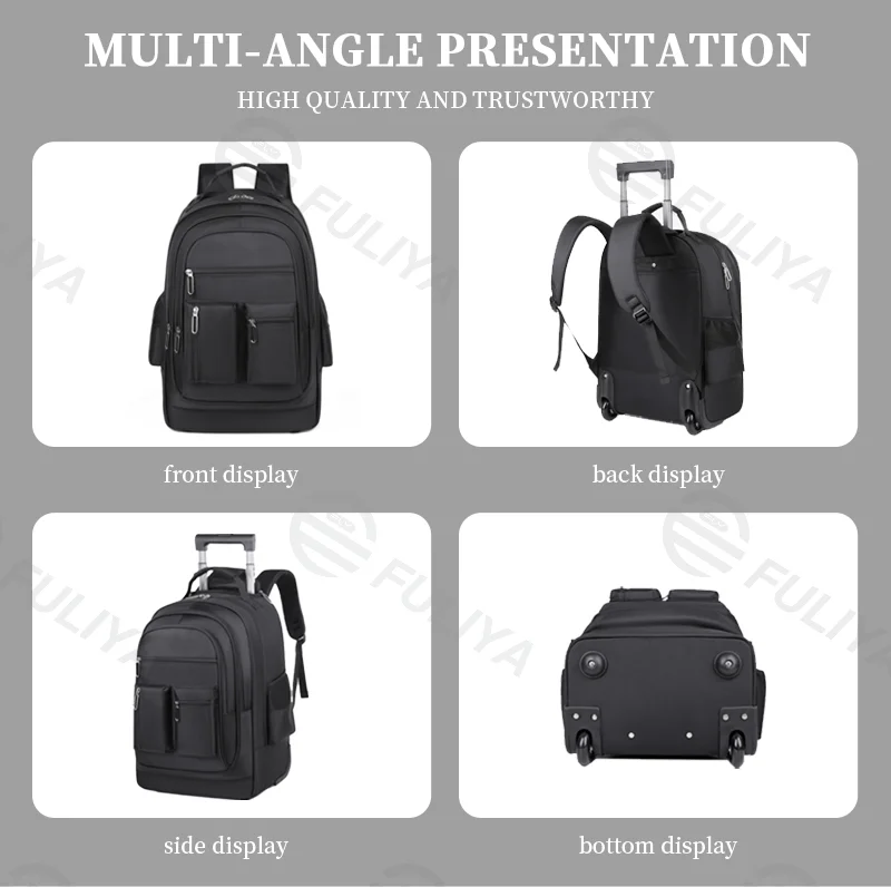 Guangzhou Fuliya Industry Co.,Ltd C-81024 Trolley backpack, water-resistant, large capacity with pockets, dual zipper, silent wheels, 2-stage pull rod, and hidden shoulder straps - trolley or backpack carry for students, business trips, and travel.
