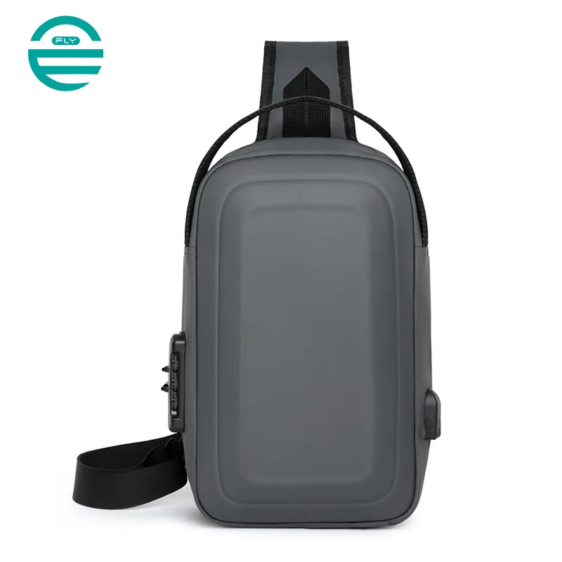 Guangzhou Fuliya Industry Co.,Ltd C-81025 Men's hard-shell chest bag, water-resistant, large capacity, external USB port, 3-digit combination lock, and adjustable strap - left/right shoulder switchable for commuting, business trips, and daily use.