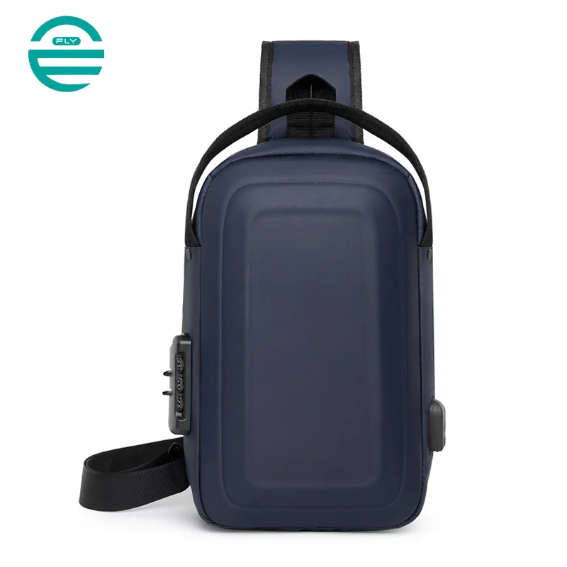 Guangzhou Fuliya Industry Co.,Ltd C-81025 Men's hard-shell chest bag, water-resistant, large capacity, external USB port, 3-digit combination lock, and adjustable strap - left/right shoulder switchable for commuting, business trips, and daily use.