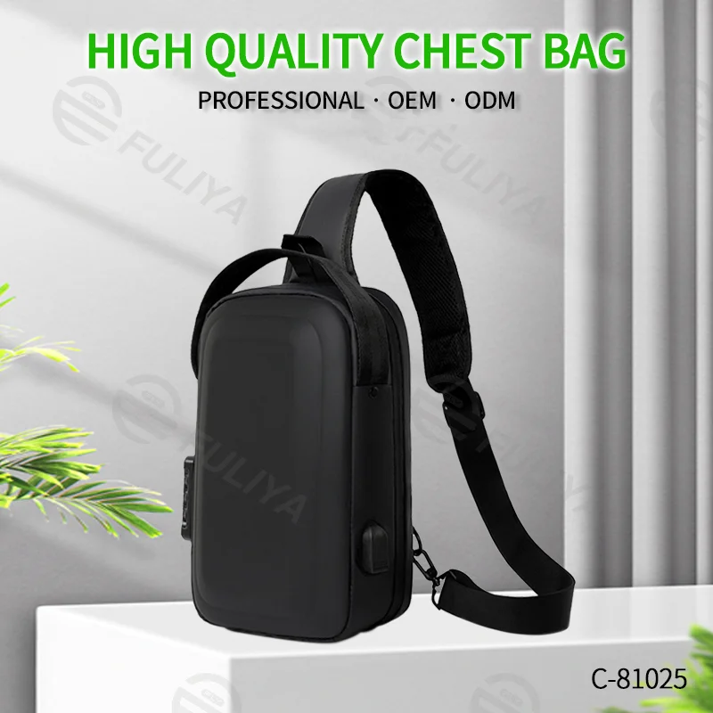 Guangzhou Fuliya Industry Co.,Ltd C-81025 Men's hard-shell chest bag, water-resistant, large capacity, external USB port, 3-digit combination lock, and adjustable strap - left/right shoulder switchable for commuting, business trips, and daily use.