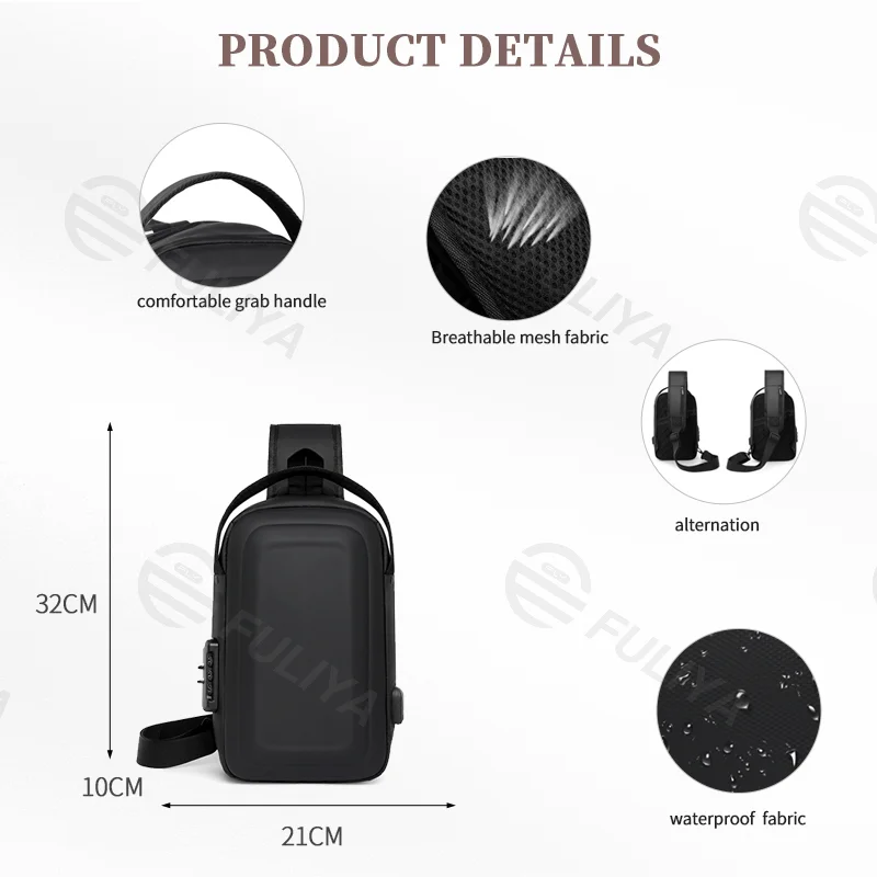 Guangzhou Fuliya Industry Co.,Ltd C-81025 Men's hard-shell chest bag, water-resistant, large capacity, external USB port, 3-digit combination lock, and adjustable strap - left/right shoulder switchable for commuting, business trips, and daily use.