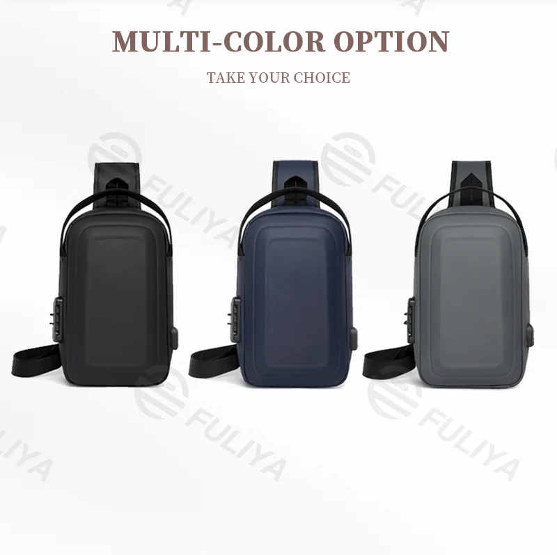 Guangzhou Fuliya Industry Co.,Ltd C-81025 Men's hard-shell chest bag, water-resistant, large capacity, external USB port, 3-digit combination lock, and adjustable strap - left/right shoulder switchable for commuting, business trips, and daily use.