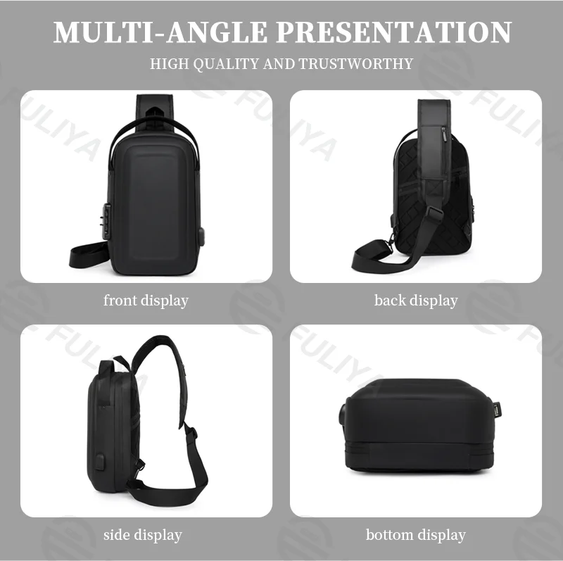 Guangzhou Fuliya Industry Co.,Ltd C-81025 Men's hard-shell chest bag, water-resistant, large capacity, external USB port, 3-digit combination lock, and adjustable strap - left/right shoulder switchable for commuting, business trips, and daily use.