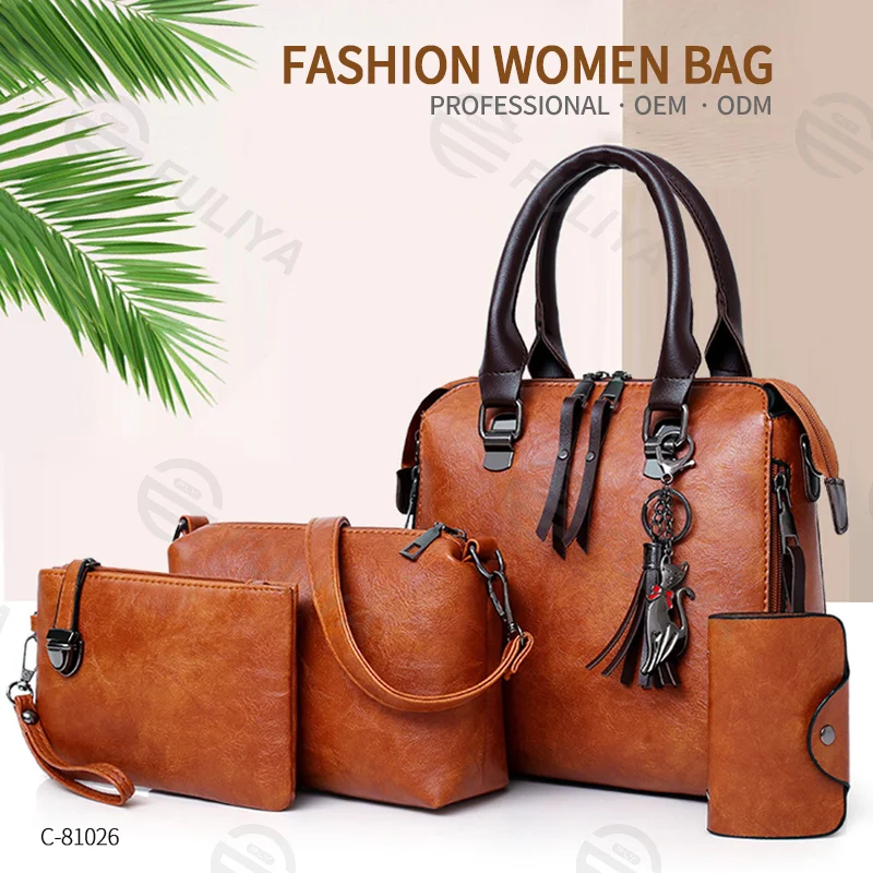 Guangzhou Fuliya Industry Co.,Ltd C-81026 Vintage oil-wax leather 4-piece women's bag set, large capacity, parent-child bags, double zipper, anti-friction bottom, and detachable strap - for commuting and daily use.