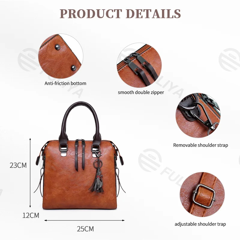 Guangzhou Fuliya Industry Co.,Ltd C-81026 Vintage oil-wax leather 4-piece women's bag set, large capacity, parent-child bags, double zipper, anti-friction bottom, and detachable strap - for commuting and daily use.