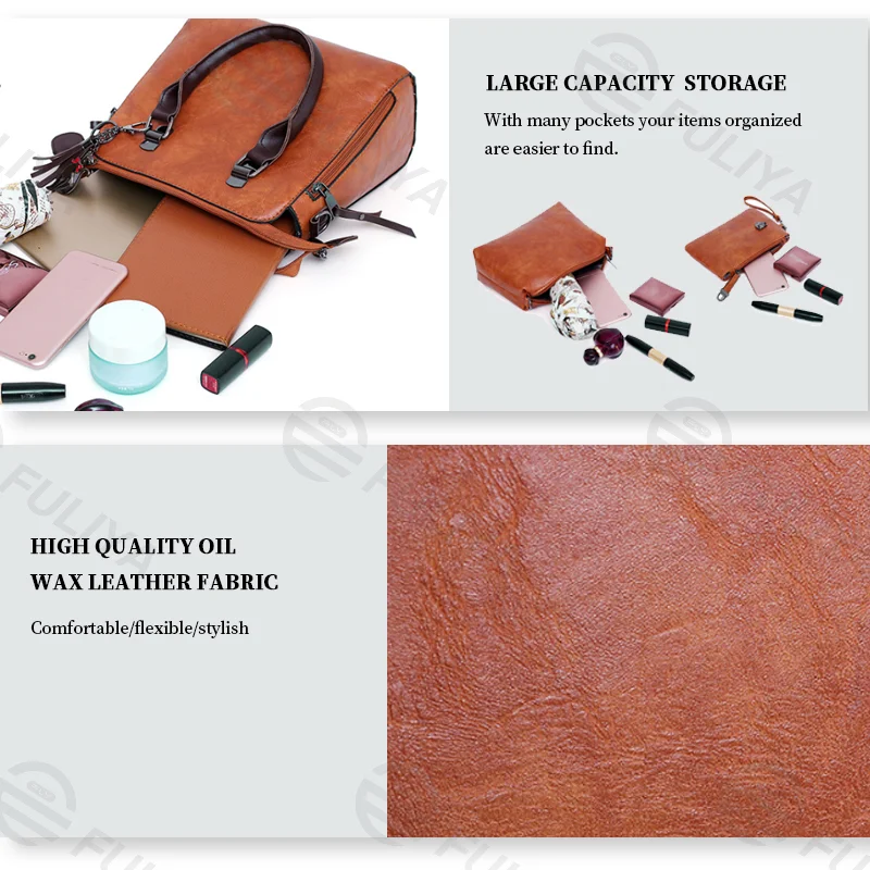 Guangzhou Fuliya Industry Co.,Ltd C-81026 Vintage oil-wax leather 4-piece women's bag set, large capacity, parent-child bags, double zipper, anti-friction bottom, and detachable strap - for commuting and daily use.