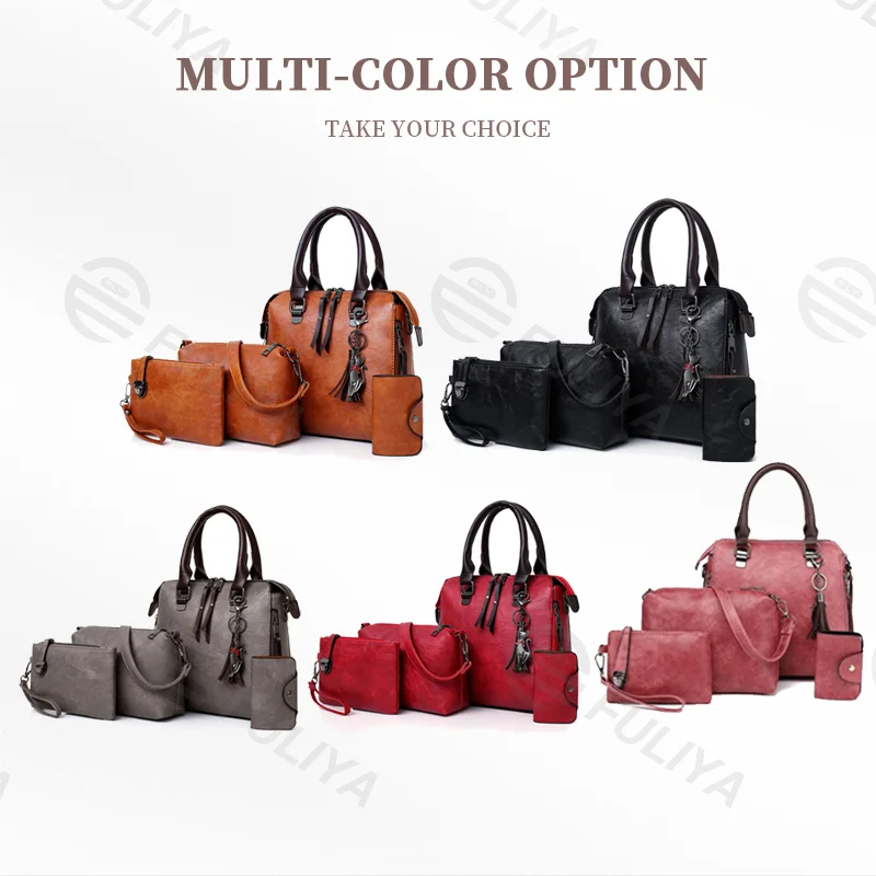 Guangzhou Fuliya Industry Co.,Ltd C-81026 Vintage oil-wax leather 4-piece women's bag set, large capacity, parent-child bags, double zipper, anti-friction bottom, and detachable strap - for commuting and daily use.