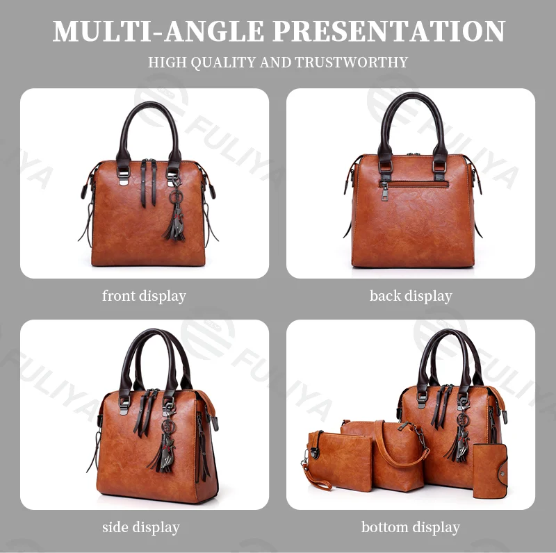 Guangzhou Fuliya Industry Co.,Ltd C-81026 Vintage oil-wax leather 4-piece women's bag set, large capacity, parent-child bags, double zipper, anti-friction bottom, and detachable strap - for commuting and daily use.