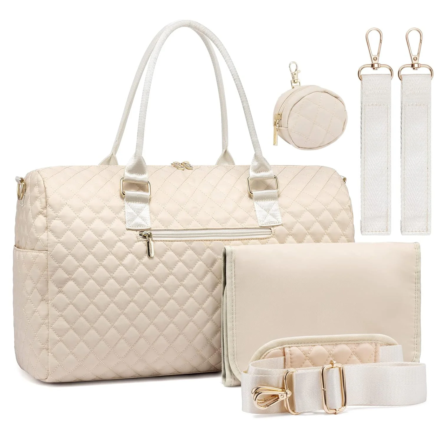 Guangzhou Fuliya Industry Co.,Ltd C-81027  Large-capacity mommy travel bag, water-resistant, multi-pocket, changing pad, pacifier case, insulated bottle pocket, detachable strap, and luggage strap - for baby outings and travel.