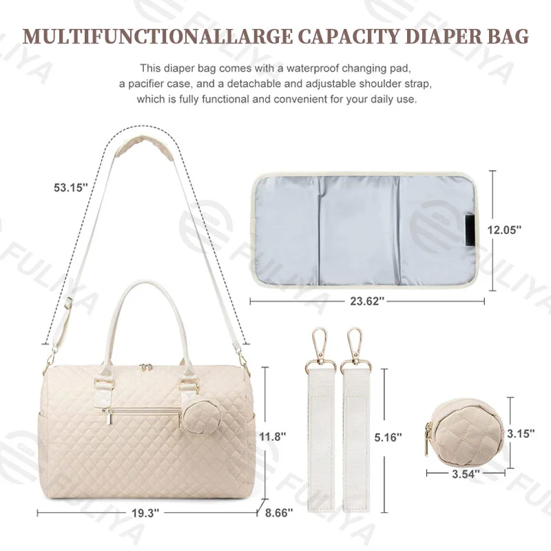 Guangzhou Fuliya Industry Co.,Ltd C-81027 Large-capacity mommy travel bag, water-resistant, multi-pocket, changing pad, pacifier case, insulated bottle pocket, detachable strap, and luggage strap - for baby outings and travel.