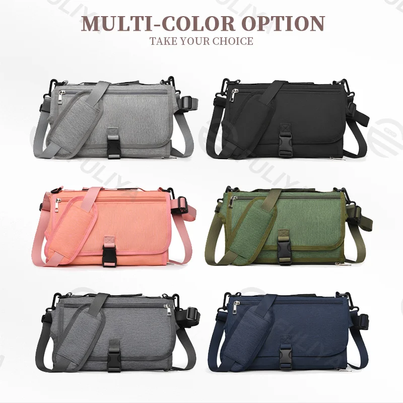 Guangzhou Fuliya Industry Co.,Ltd C-81029 Portable baby changing pad bag, multi-functional foldable design, changing mat, storage pockets, tissue dispenser, zipper pocket, and handle - attaches to stroller or car for easy travel.