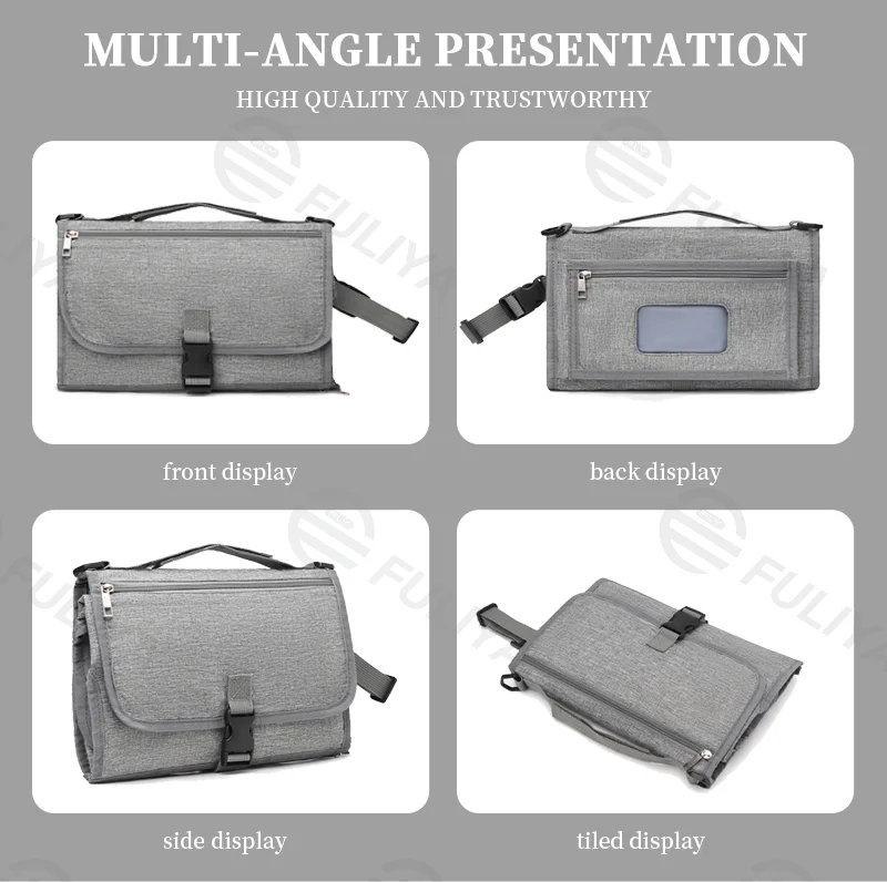 Guangzhou Fuliya Industry Co.,Ltd C-81029 Portable baby changing pad bag, multi-functional foldable design, changing mat, storage pockets, tissue dispenser, zipper pocket, and handle - attaches to stroller or car for easy travel.