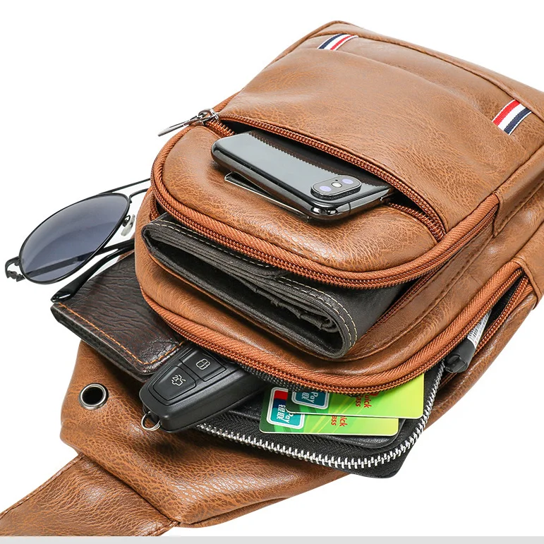 Guangzhou Fuliya Industry Co.,Ltd C-81030 Men's PU chest bag, water-resistant, large capacity with pockets, smooth zipper, adjustable strap, headphone jack, and front zipper pocket - crossbody or chest carry for casual, sports, and outdoor.