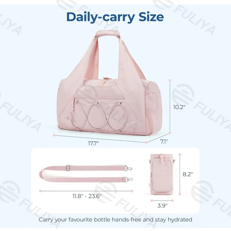 Guangzhou Fuliya Industry Co.,Ltd C-81031 Women's gym travel bag, lightweight and large capacity, ventilated shoe compartment, side mesh pocket, bottle pocket, wet/dry pocket, and adjustable strap - hand or crossbody carry for gym, travel, and daily use.