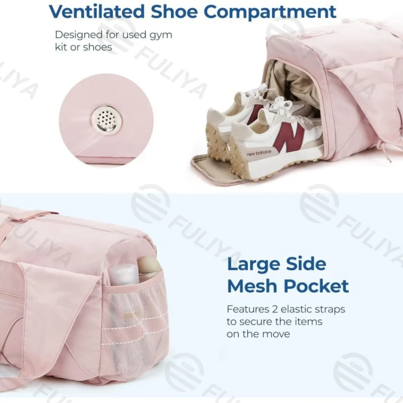 Guangzhou Fuliya Industry Co.,Ltd C-81031 Women's gym travel bag, lightweight and large capacity, ventilated shoe compartment, side mesh pocket, bottle pocket, wet/dry pocket, and adjustable strap - hand or crossbody carry for gym, travel, and daily use.
