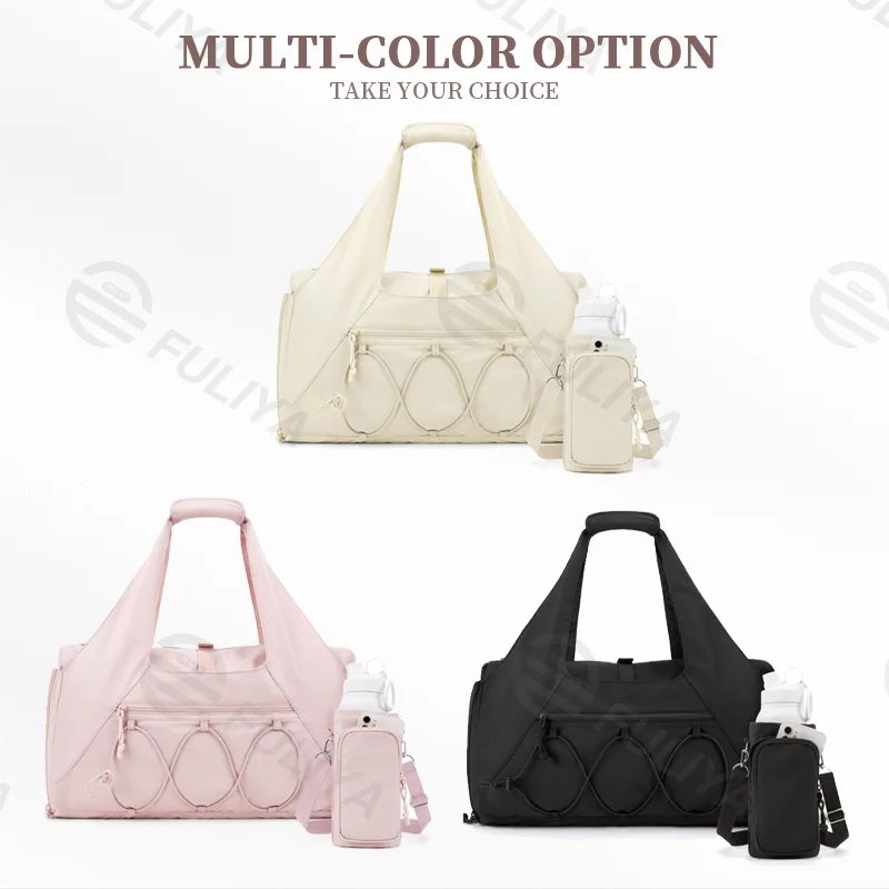 Guangzhou Fuliya Industry Co.,Ltd C-81031 Women's gym travel bag, lightweight and large capacity, ventilated shoe compartment, side mesh pocket, bottle pocket, wet/dry pocket, and adjustable strap - hand or crossbody carry for gym, travel, and daily use.