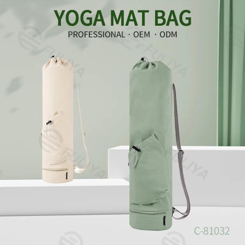 Guangzhou Fuliya Industry Co.,Ltd C-81032 Yoga mat carrier bag, water-resistant, 30L, drawstring opening, large side pocket, small zipper pocket, bottom wet/dry pocket, and adjustable strap - for yoga, fitness, and travel.