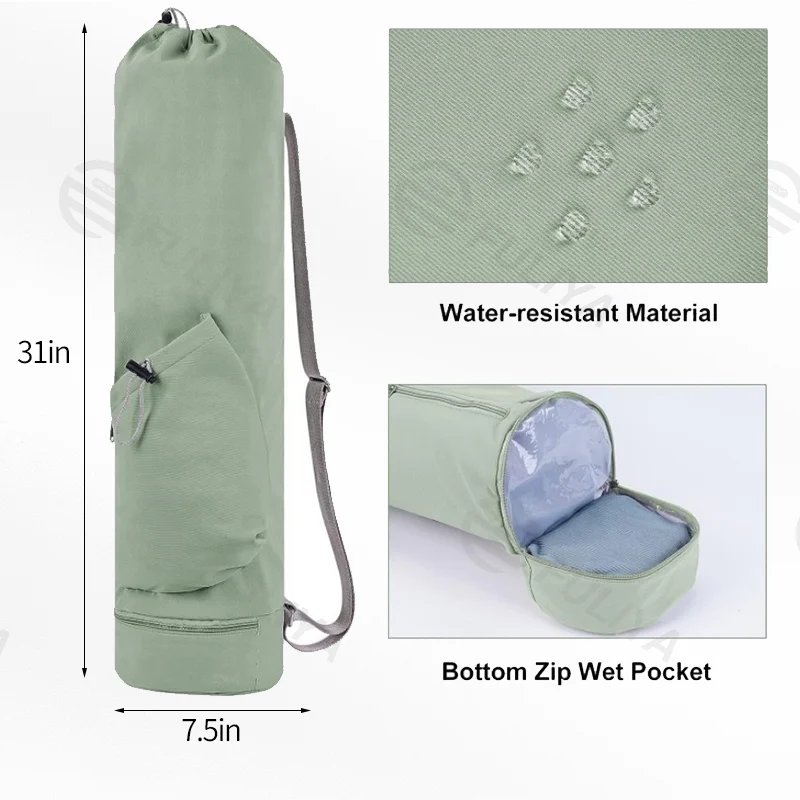 Guangzhou Fuliya Industry Co.,Ltd C-81032 Yoga mat carrier bag, water-resistant, 30L, drawstring opening, large side pocket, small zipper pocket, bottom wet/dry pocket, and adjustable strap - for yoga, fitness, and travel.