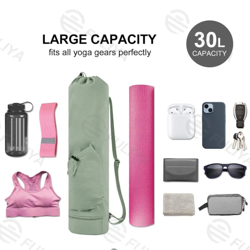 Guangzhou Fuliya Industry Co.,Ltd C-81032 Yoga mat carrier bag, water-resistant, 30L, drawstring opening, large side pocket, small zipper pocket, bottom wet/dry pocket, and adjustable strap - for yoga, fitness, and travel.