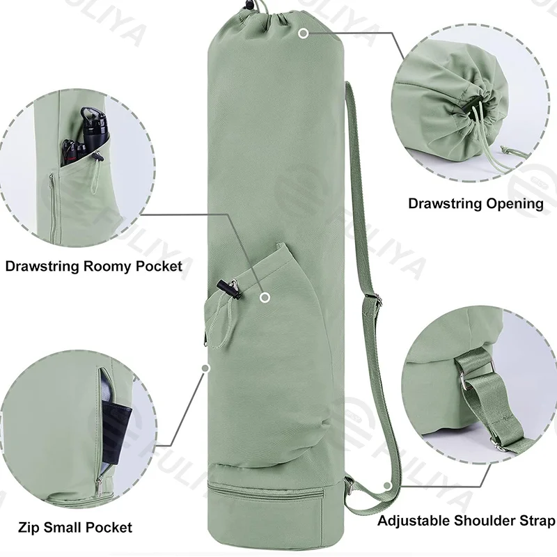 Guangzhou Fuliya Industry Co.,Ltd C-81032 Yoga mat carrier bag, water-resistant, 30L, drawstring opening, large side pocket, small zipper pocket, bottom wet/dry pocket, and adjustable strap - for yoga, fitness, and travel.