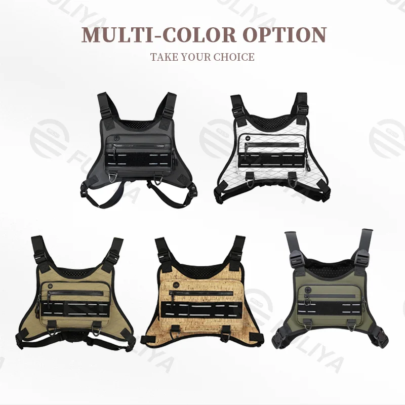 Guangzhou Fuliya Industry Co.,Ltd C-81034 Men's tactical vest chest bag, water-resistant, large capacity, headphone jack, ventilated back, Velcro, and adjustable straps - vest or chest carry for sports, outdoor, and casual.