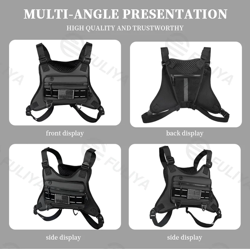Guangzhou Fuliya Industry Co.,Ltd C-81034 Men's tactical vest chest bag, water-resistant, large capacity, headphone jack, ventilated back, Velcro, and adjustable straps - vest or chest carry for sports, outdoor, and casual.