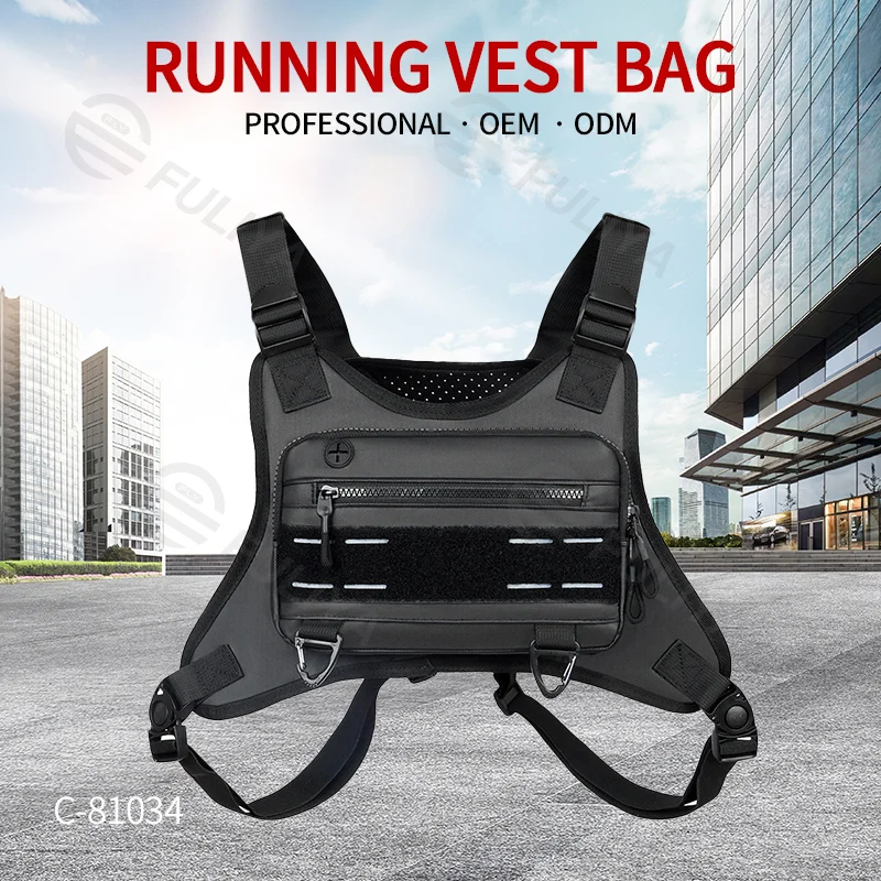 Guangzhou Fuliya Industry Co.,Ltd C-81034 Men's tactical vest chest bag, water-resistant, large capacity, headphone jack, ventilated back, Velcro, and adjustable straps - vest or chest carry for sports, outdoor, and casual.