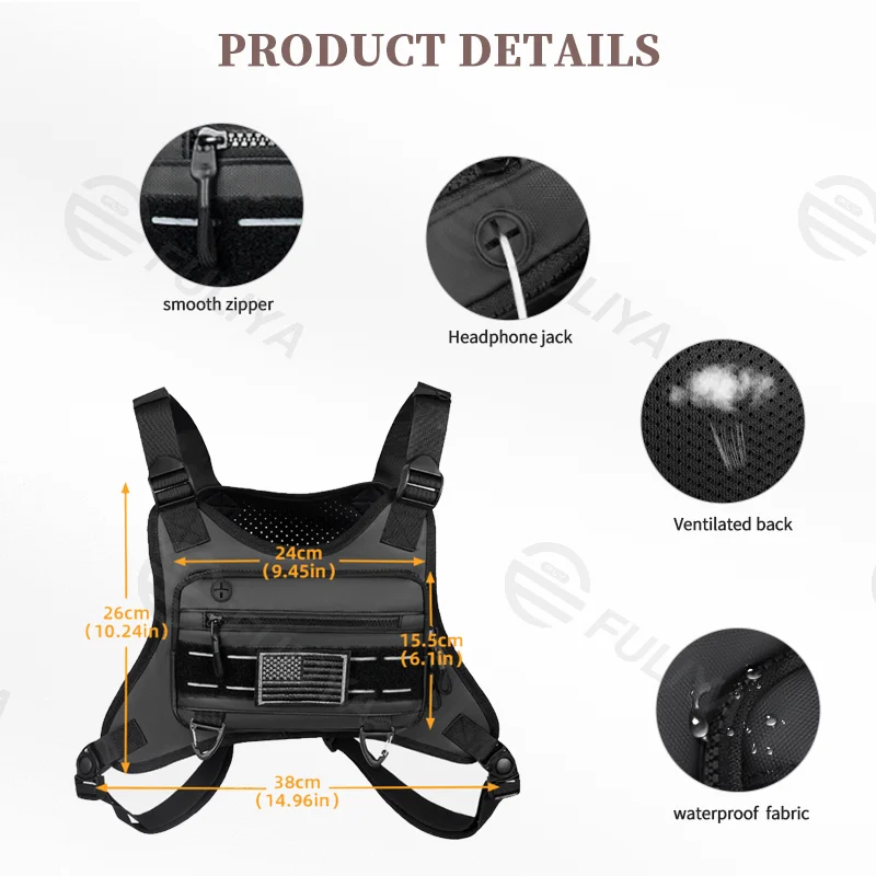 Guangzhou Fuliya Industry Co.,Ltd C-81034 Men's tactical vest chest bag, water-resistant, large capacity, headphone jack, ventilated back, Velcro, and adjustable straps - vest or chest carry for sports, outdoor, and casual.