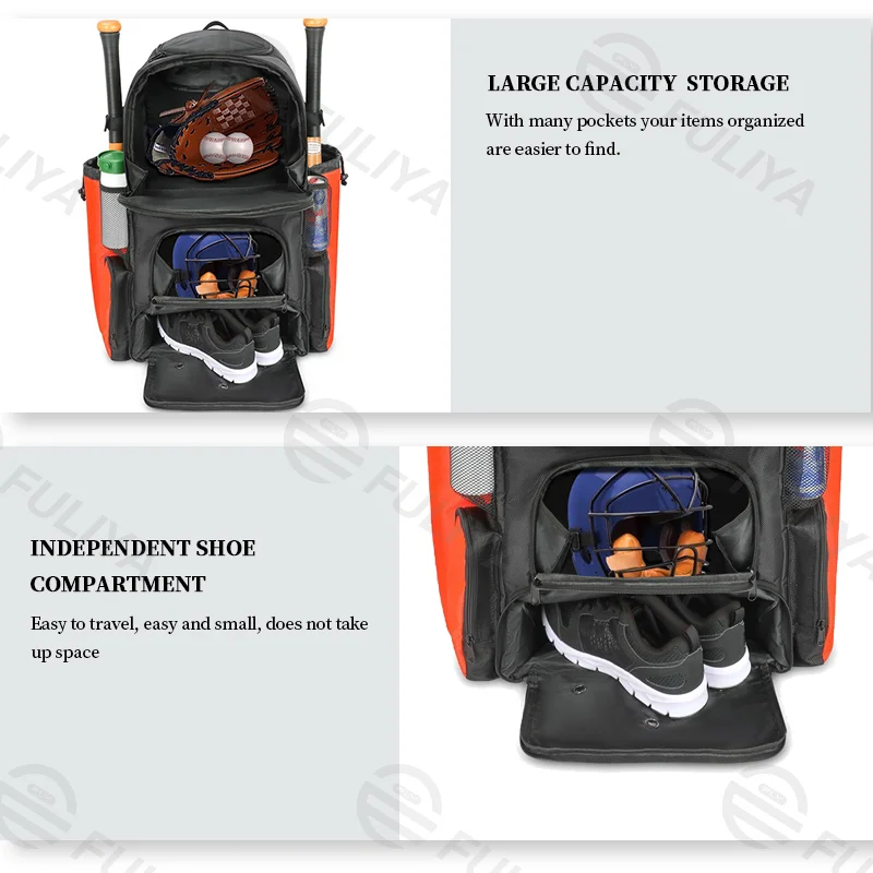 Guangzhou Fuliya Industry Co.,Ltd C-81035 Baseball sports backpack, wear-resistant polyester, large capacity, shoe compartment, bat straps, breathable back pad, and color-block design - for baseball training and outdoor travel.