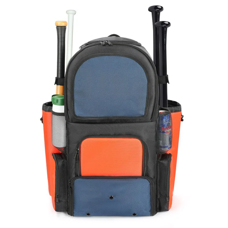 Guangzhou Fuliya Industry Co.,Ltd C-81035 Baseball sports backpack, wear-resistant polyester, large capacity, shoe compartment, bat straps, breathable back pad, and color-block design - for baseball training and outdoor travel.