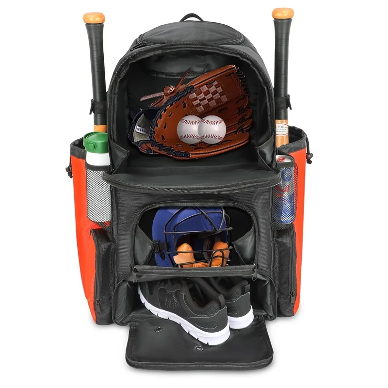 Guangzhou Fuliya Industry Co.,Ltd C-81035 Baseball sports backpack, wear-resistant polyester, large capacity, shoe compartment, bat straps, breathable back pad, and color-block design - for baseball training and outdoor travel.
