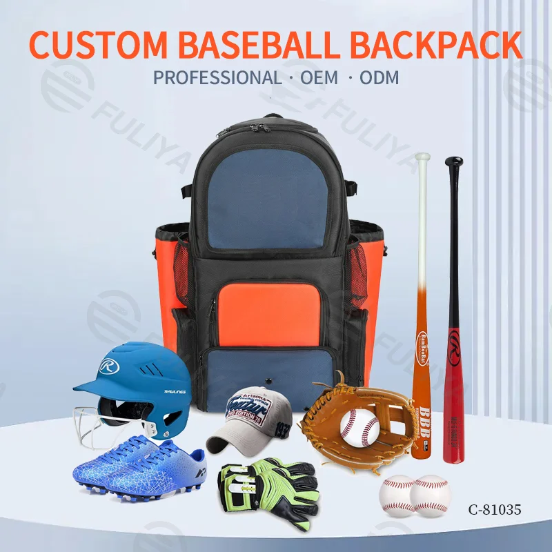 Guangzhou Fuliya Industry Co.,Ltd C-81035 Baseball sports backpack, wear-resistant polyester, large capacity, shoe compartment, bat straps, breathable back pad, and color-block design - for baseball training and outdoor travel.