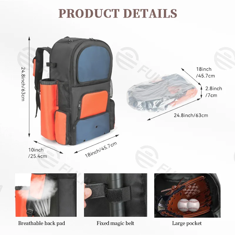 Guangzhou Fuliya Industry Co.,Ltd C-81035 Baseball sports backpack, wear-resistant polyester, large capacity, shoe compartment, bat straps, breathable back pad, and color-block design - for baseball training and outdoor travel.