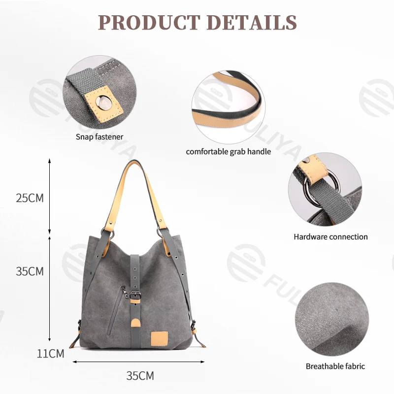 Guangzhou Fuliya Industry Co.,Ltd C-81037 Women's canvas convertible bag, large capacity, snap fastener, metal hardware, and adjustable strap - handbag, shoulder bag, or backpack for casual, commuting, and travel.