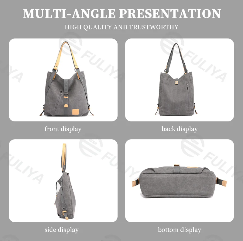 Guangzhou Fuliya Industry Co.,Ltd C-81037 Women's canvas convertible bag, large capacity, snap fastener, metal hardware, and adjustable strap - handbag, shoulder bag, or backpack for casual, commuting, and travel.