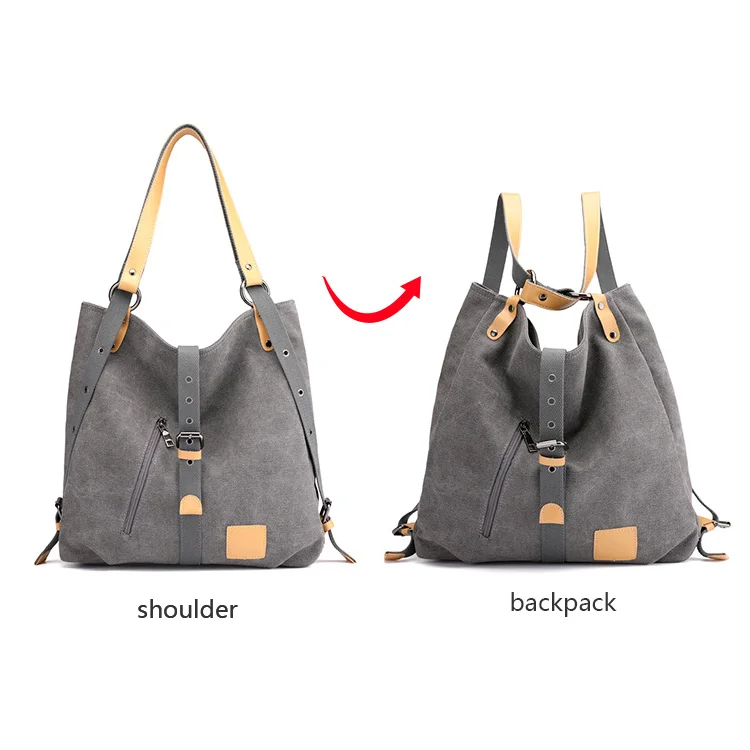 Guangzhou Fuliya Industry Co.,Ltd C-81037 Women's canvas convertible bag, large capacity, snap fastener, metal hardware, and adjustable strap - handbag, shoulder bag, or backpack for casual, commuting, and travel.