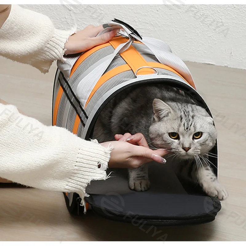 Guangzhou Fuliya Industry Co.,Ltd C-81039 Foldable pet carrier, large capacity with breathable mesh, handle, detachable strap, side zipper opening, and reflective strips - S/M sizes for cats and small dogs in all seasons.