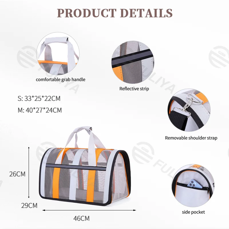 Guangzhou Fuliya Industry Co.,Ltd C-81039 Foldable pet carrier, large capacity with breathable mesh, handle, detachable strap, side zipper opening, and reflective strips - S/M sizes for cats and small dogs in all seasons.