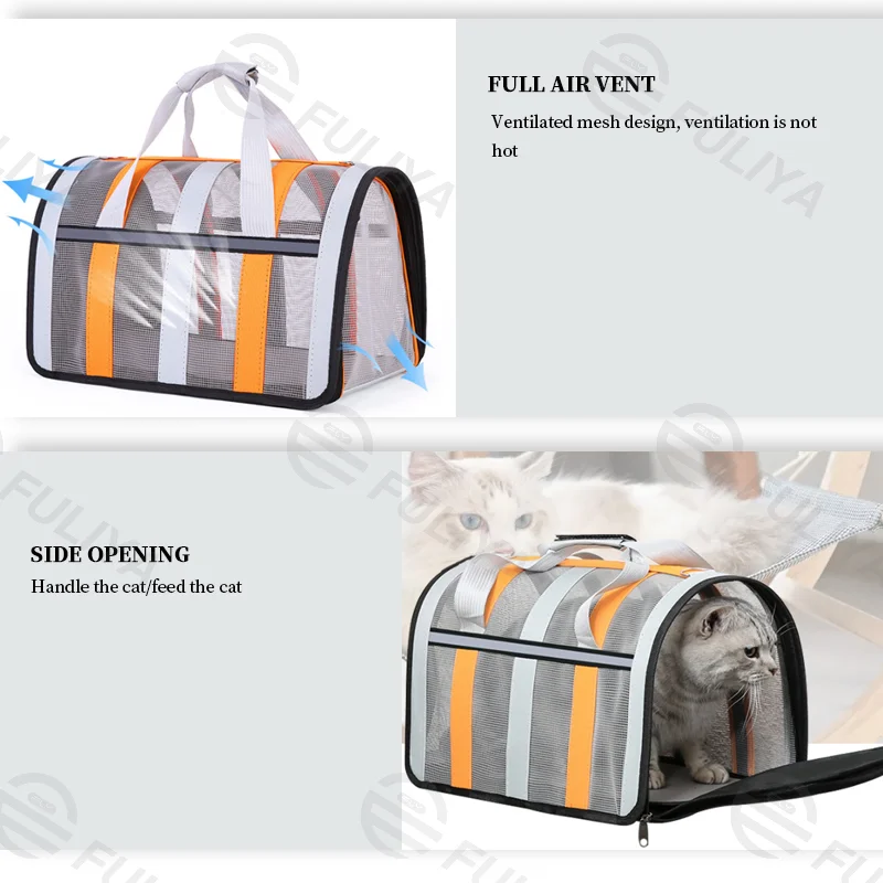 Guangzhou Fuliya Industry Co.,Ltd C-81039 Foldable pet carrier, large capacity with breathable mesh, handle, detachable strap, side zipper opening, and reflective strips - S/M sizes for cats and small dogs in all seasons.