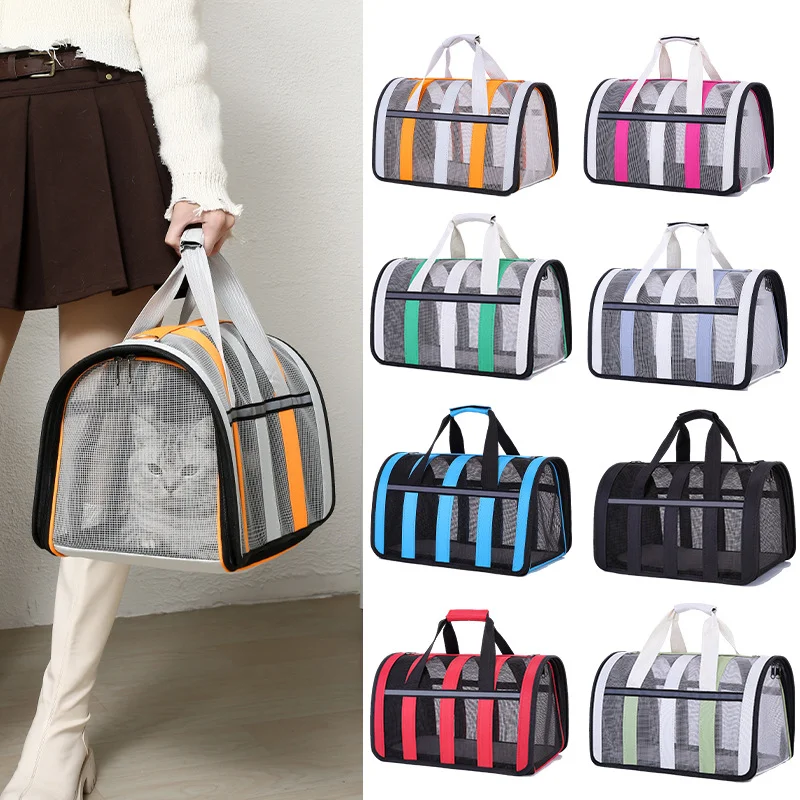 Guangzhou Fuliya Industry Co.,Ltd C-81039 Foldable pet carrier, large capacity with breathable mesh, handle, detachable strap, side zipper opening, and reflective strips - S/M sizes for cats and small dogs in all seasons.