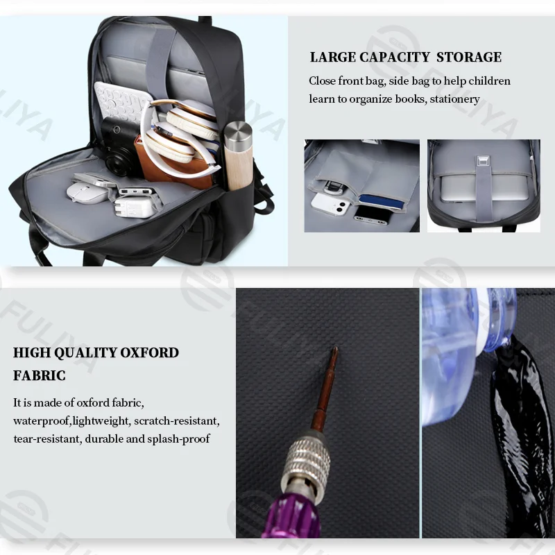 Guangzhou Fuliya Industry Co.,Ltd C-81046 Multi-functional backpack, water-resistant, large capacity, laptop compartment, side pocket, front pocket, and luggage strap - hand or backpack carry for students, commuting, and travel.