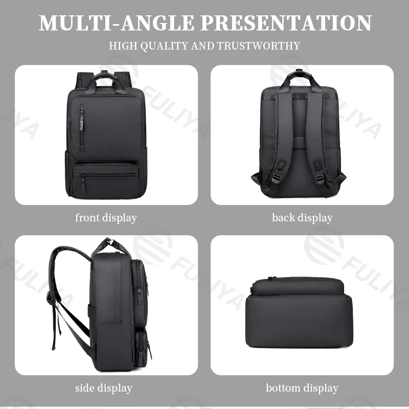 Guangzhou Fuliya Industry Co.,Ltd C-81046 Multi-functional backpack, water-resistant, large capacity, laptop compartment, side pocket, front pocket, and luggage strap - hand or backpack carry for students, commuting, and travel.