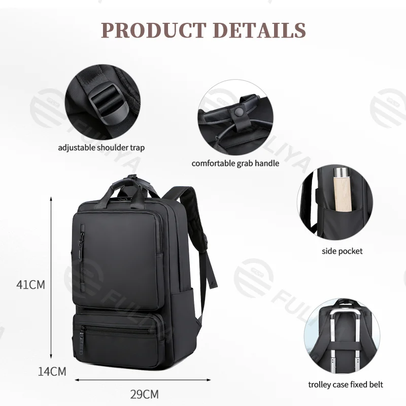Guangzhou Fuliya Industry Co.,Ltd C-81046 Multi-functional backpack, water-resistant, large capacity, laptop compartment, side pocket, front pocket, and luggage strap - hand or backpack carry for students, commuting, and travel.