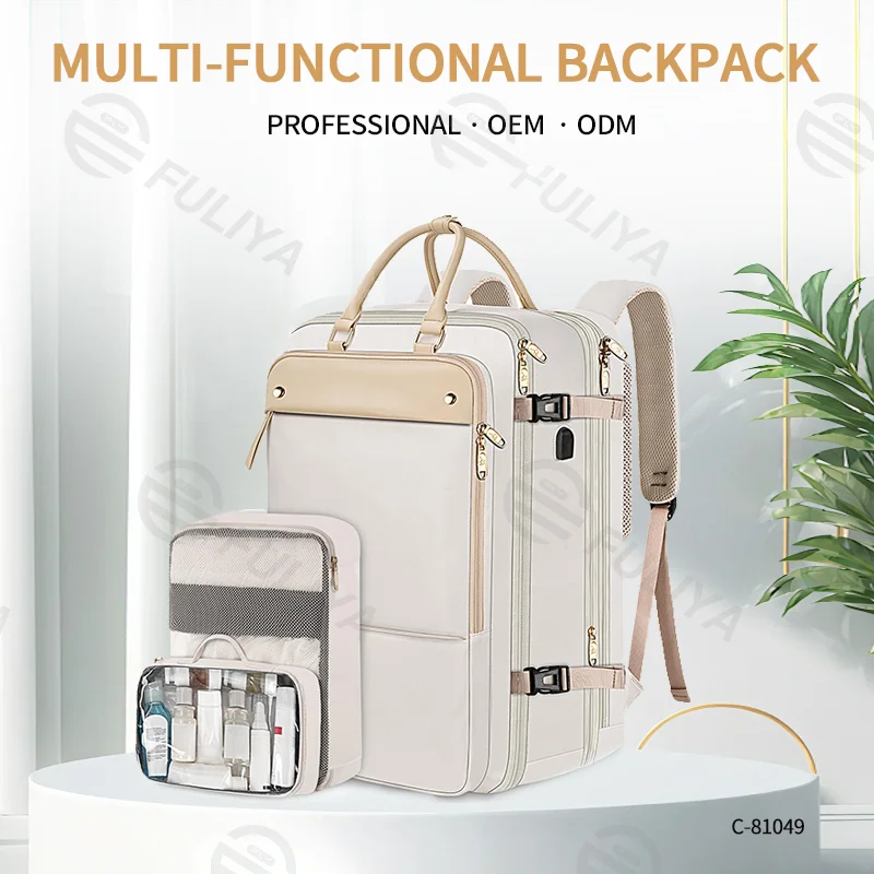 Guangzhou Fuliya Industry Co.,Ltd C-81049 Large-capacity travel backpack, expandable, laptop compartment, shoe compartment, USB port, hidden pocket, tote handle, and luggage strap - hand or backpack carry for travel, business trips, and daily use.