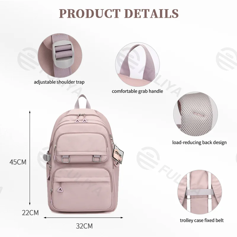 Guangzhou Fuliya Industry Co.,Ltd C-81050 Student load-reducing backpack, lightweight nylon, large capacity, front/side pockets, adjustable strap, spine-protecting back pad, and luggage strap - for primary and middle school students.