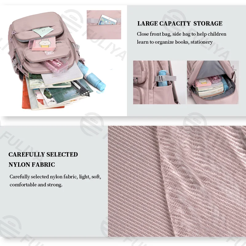 Guangzhou Fuliya Industry Co.,Ltd C-81050 Student load-reducing backpack, lightweight nylon, large capacity, front/side pockets, adjustable strap, spine-protecting back pad, and luggage strap - for primary and middle school students.