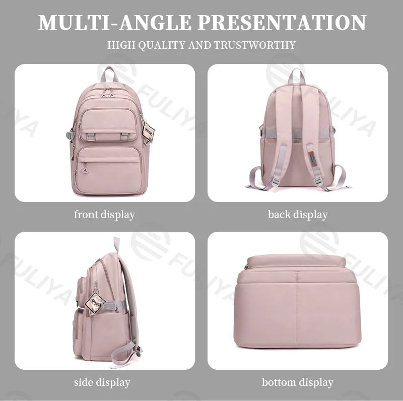 Guangzhou Fuliya Industry Co.,Ltd C-81050 Student load-reducing backpack, lightweight nylon, large capacity, front/side pockets, adjustable strap, spine-protecting back pad, and luggage strap - for primary and middle school students.