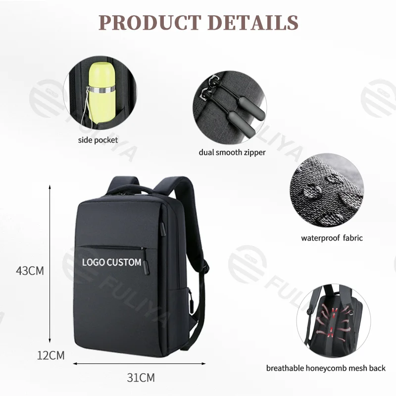 Guangzhou Fuliya Industry Co.,Ltd C-81051 Business commuter backpack, water-resistant, large capacity, laptop compartment, external USB port, dual zipper, and honeycomb breathable back panel, customizable logo - for work, business trips, and travel.